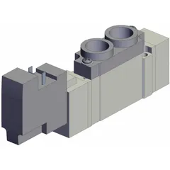 Single solenoid, five-way/two-position, locking valve with 5 ports and 24V DC operation. Features internal pilot and DIN solenoid connector. Used to direct compressed air in pneumatic systems for automated machinery and packaging lines.