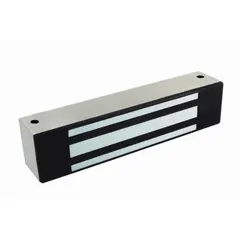 Single-door electromagnetic lock from the M32 series, constructed of stainless steel. Measures 1 7/8 in height by 1 5/8 in width. Features instantaneous release delay for immediate unlocking upon de-energization. Used to secure access points in commercial and industrial facilities.