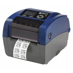 Single-color thermal transfer desktop printer with a maximum label width of 4 5/8 inches. Includes a ribbon paper core for setup. Connects to a PC for label design and printing. Used for industrial labeling tasks such as asset tracking, cable marking, and safety signage.