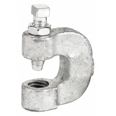 This C-clamp style beam clamp is designed to suspend 5/8 in threaded rod from structural steel beams. Made of zinc-plated malleable iron, it has a load capacity of 440 lb and includes a locknut. Installation torque is 60 in-lb. Suitable for supporting overhead piping, conduit, and equipment in industrial and commercial settings.
