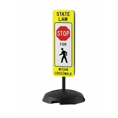 Aluminum sign with Diamond Grade retroreflective sheeting, meeting R1-6A MUTCD standards. Nominal size 36 in x 12 in. Used to alert drivers to stop for pedestrians within crosswalks in areas such as school zones, parking lots, and urban intersections.