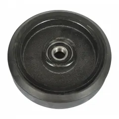 This steer wheel kit is a replacement part for pallet jacks, designed to restore maneuverability and load control. It is intended for use in warehouses and industrial facilities where pallet jacks are used for material transport. The kit includes the steer wheel assembly and is black in color.