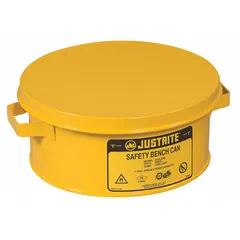 This bench can is constructed from powder-coated steel in yellow for corrosion resistance. It is used for safe handling and dispensing of flammable liquids in industrial settings such as workbenches in labs, maintenance shops, and manufacturing facilities.