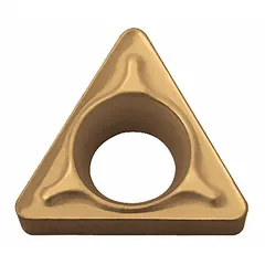 Triangle (T) indexable turning insert made of carbide. Used for general turning, facing, and profiling operations on metal workpieces. Suitable for medium machining applications.