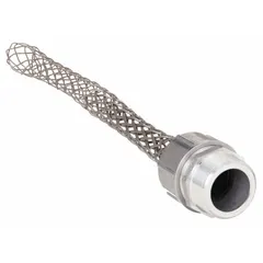 This straight metallic cord grip with mesh provides strain relief and cable retention for cords with diameters from 1.25 to 1.38 inches. It features a 1-1/4 inch MNPT box connection, an aluminum body, and a stainless steel external strain relief. Suitable for securing cables entering electrical enclosures in industrial and commercial applications.