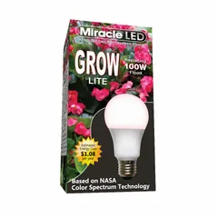 This A19-shaped LED grow bulb operates at 120V and provides a red spectrum for vegetative growth. With a 100W incandescent watt equivalency, it is suited for indoor gardening, seed starting, and supplementing natural light in greenhouses or grow tents.