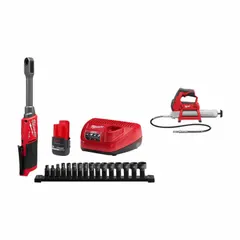 This 12V DC cordless kit includes an M12 grease gun and ratchet, both powered by the included M12 battery. The grease gun delivers high-pressure lubrication for machinery, while the ratchet enables efficient fastening in confined areas. Suitable for industrial maintenance tasks such as lubricating bearings and fastening in tight spaces.