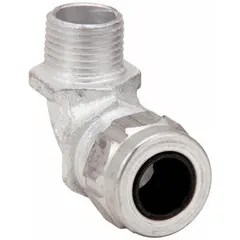 This 90° metallic cable grip secures and seals electrical cords entering junction boxes or enclosures. It features a 1/2 in MNPT box connection and accommodates cord diameters from 0.13 in to 0.38 in. The aluminum body with silver finish provides corrosion resistance. Suitable for general industrial wiring applications requiring strain relief and liquid-tight protection.