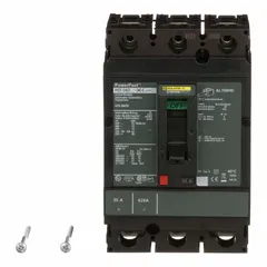 This 35 A, 3-pole molded case circuit breaker provides overcurrent protection in electrical distribution systems. Rated 600V AC with a 25kA interrupting capacity at 240V AC, it features fixed line/load lugs and ABC phase protection. Suitable for use in industrial panels, motor control centers, and branch circuits.