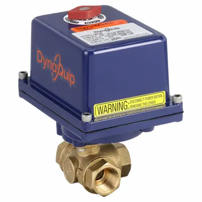 DYNAQUIP CONTROLS Electrically Actuated Three-Way Ball Valve: 3/4 in, Brass, 120V AC - L-Port Brass Electrically-Actuated Ball Valves