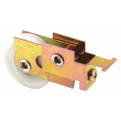 This PRIME-LINE hanging door roller supports sliding doors in residential or light commercial applications. It measures 1 5/16 inches in length and 3 13/16 inches in width, with a maximum weight capacity of 60 lb. The roller guides door movement along a track for smooth operation.