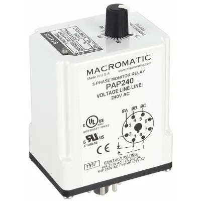 MACROMATIC Phase Monitor Relay: Socket Mounted, 10 A Current Rating, 240V AC - Socket-Mounted Relays