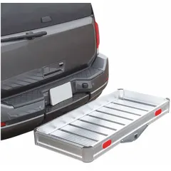 This hitch-mount cargo carrier expands the hauling capacity of vehicles equipped with a Class III hitch. Constructed of aluminum with a silver finish, it has an overall height of 4 3/4 inches. The carrier is not foldable and does not include a ramp. Suitable for transporting gear, coolers, luggage, and other cargo during travel or outdoor activities.