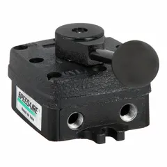 This four-way, three-position manual air control valve features a closed center and manual return operation. It is designed for directing compressed air in pneumatic systems, such as actuating cylinders or tools. Port size is 1/4 in NPT, with a maximum pressure rating of 150 psi and operating temperature range of 18°F to 200°F.