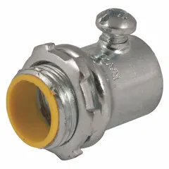 Steel set screw conduit connector with insulated throat, 1-1/2 in trade size and 2-1/2 in overall length. Used to terminate and secure steel conduit to junction boxes or enclosures, protecting wire insulation from abrasion. Not rain-tight.