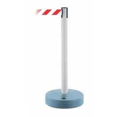 This retractable belt post barrier from TENSABARRIER features a white plastic post and base with a red belt extending 7 1/2 ft. The belt displays a chevron pattern with no legend, providing visual warning for pedestrian flow management and area restriction in industrial or public settings.