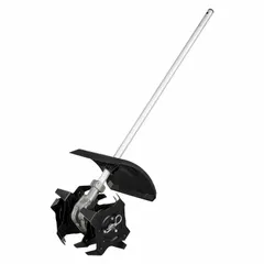 This cultivator attachment is designed for use with compatible Milwaukee power heads. It tills and aerates soil for landscaping and gardening tasks such as preparing seedbeds, weeding, and mixing soil amendments. The attachment has an overall width of 10 inches and an overall length of 41 1/2 inches.