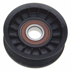 Single thermoplastic idler pulley for light-duty ribbed V-belt applications. Features a 21/32 in inside diameter. Used in vehicle accessory drive systems to tension and guide belts for components such as alternators, water pumps, or power steering pumps.