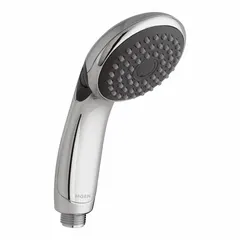 Chrome-finished plastic handheld showerhead from the Commercial series. Features a 2.5 gpm flow rate and 3 3/8 in width. Suitable for light-duty hand-washing or rinsing in commercial restrooms, maintenance areas, or locker rooms.