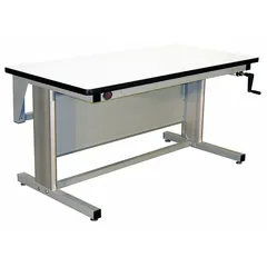 This open-base workstation features a gray laminate top measuring 60 inches by 30 inches. It supports an overall load capacity of 330 pounds, suitable for assembly, maintenance, and inspection tasks in industrial environments.