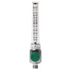 Oxygen flow meter with Ohmeda Quick-Connect inlet and DISS outlet. Polycarbonate housing, green knob. Graduation 0.5 L/min from 0 to 5 L/min. Complies with ISO standards. Used to regulate and measure oxygen flow in medical gas systems.