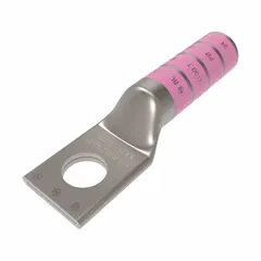 Copper compression lug for terminating 1/0 AWG stranded wire to a 1/2 in stud. Long barrel design for secure crimping. Suitable for power distribution and industrial electrical connections.