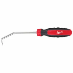Single-end pick with a 90° angled tip, constructed from chrome vanadium steel with a reinforced tip. Features a plastic handle and screwdriver-style design for precision work in confined spaces. Used for removing and installing hoses, gaskets, and seals in automotive, plumbing, and industrial maintenance applications.