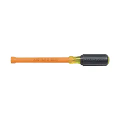 Straight insulated nut driver with a hollow round shank, SAE size, and non-magnetized tip. The 6-inch shank length provides reach in confined spaces, while the hollow design accommodates long threaded rods. Suitable for tightening or loosening hex nuts and bolts in electrical work.