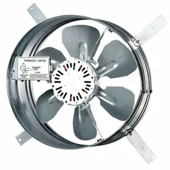 This gable-mount attic exhaust fan is powered by a standard-efficiency electric motor rated at 120V AC and 3.1 A. It delivers a maximum airflow of 1,220 cfm, suitable for attics up to 1,630 sq ft. The unit includes a metal housing, built-in thermostat, and humidistat for automatic temperature and humidity control. It is designed for general attic ventilation to help reduce cooling loads and prevent moisture buildup.