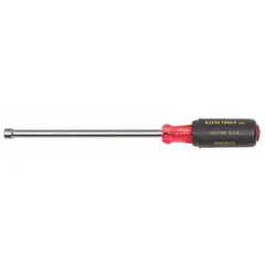 This nut driver features a hollow round shank that accommodates long bolts and a magnetized tip to hold fasteners securely. Designed for SAE fasteners with a 1/4 in tip size, it is suitable for driving and removing nuts in electrical, mechanical, and industrial maintenance tasks.