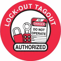 Hard Hat Label: Lockout Tagout Authorized, 2 in Dia, English, Non-Reflective, 4 Labels, Circle, 4 PK (MPN 50193)