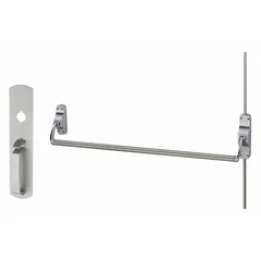 Chrome-finished surface vertical rod exit device with crossbar and thumbpiece pull. Designed for doors up to 44 inches wide. Provides egress actuation for emergency exit applications in commercial and industrial facilities.