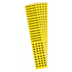 Yellow adhesive pipe marker with black legend text reading 'Refrigerant Suction' and directional arrows. Designed for pipes with an outside diameter of 3/4 in and smaller. Sold in a 5-pack. Used to identify refrigerant suction lines in industrial piping systems.