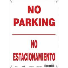 This bilingual sign indicates parking restrictions in areas where both English and Spanish are used. Made of 0.032 in thick aluminum, it is not retroreflective and not ADA compliant. Suitable for commercial lots, loading zones, and private roadways where a non-retroreflective sign is acceptable.