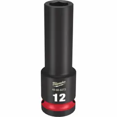 This 1/2" drive impact socket features a 12 mm metric size with a 6-point deep configuration and friction retention. Designed for use with impact wrenches, it is suitable for tightening and loosening fasteners on industrial equipment, automotive assemblies, and machinery. The deep profile allows access to recessed nuts and bolts, while the friction retention helps hold the fastener securely.