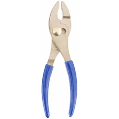 These non-sparking slip-joint pliers are constructed from beryllium-copper alloy to prevent ignition in hazardous environments. With a 6-1/2 in overall length, 1 in jaw length, and 3/8 in max jaw opening, they are suited for gripping and turning fasteners in areas where flammable gases or dust may be present. The dipped handles provide a secure grip.