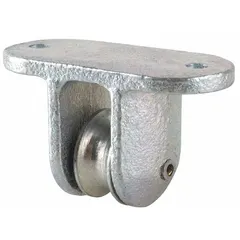 This mounted pulley block features an upright-mount, bolt-on sleeve design for lifting and pulling operations. The brass housing and brass sheave provide corrosion resistance. Typical applications include redirecting cable or rope in industrial rigging and material handling setups.