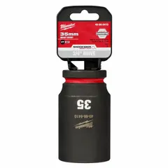 This 3/4" drive impact socket features a 35 mm metric, 6-point, deep design with friction retention. The black phosphate finish provides corrosion resistance. Suitable for fastening and loosening heavy-duty bolts and nuts using impact tools in automotive, construction, and industrial maintenance applications.