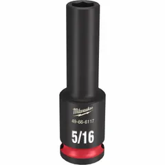 This 3/8" drive impact socket is designed for use with impact wrenches on 5/16" SAE hex fasteners. The 6-point deep profile provides access to recessed bolts, while the friction ring helps retain the socket on the drive. Black Phosphate finish offers corrosion resistance.