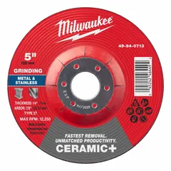 This MILWAUKEE grinding wheel is a Type 27 cool-cutting wheel designed for use on carbon and stainless steel. It features ceramic grain and 24 grit for efficient material removal. The wheel measures 5" diameter by 1/4" thickness with a 7/8" arbor hole. Suitable for metal fabrication and maintenance applications.
