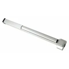 This rim-type exit device features a touchbar style and aluminum construction. It is ADA compliant and includes a night latch outside trim. Suitable for commercial doors up to 3 ft wide, it provides push-pad egress for applications requiring secure access control.