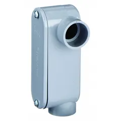 This PVC conduit outlet body is an LL - 90° elbow type with a 3/4 in hub size and 6.5 cu in body capacity. It includes a gasket, lid, and screws. Used in electrical conduit systems to provide a junction point for wire pulls, splices, or direction changes.