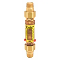 This inline variable area flowmeter measures water flow in liters with a scale display and +/-5% accuracy. It features Buna-N seals and O-rings, and supports universal mounting orientation. Suitable for monitoring flow in cooling circuits, process water lines, and general fluid systems.