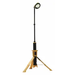 This PELICAN tripod-stand remote area light delivers 12,000 lumens maximum brightness with a single brightness level. It operates on 14V DC and is rated IP65 for dust and water ingress protection. The yellow frame is designed for visibility on job sites. Typical applications include temporary illumination in construction zones, industrial work areas, and other remote locations requiring portable lighting.