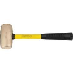 Aluminum bronze sledge hammer with a 6 lb head and 2 1/4 in diameter, fitted with a fiberglass handle. Designed for use in environments where sparking must be avoided, such as areas with flammable gases, vapors, or dust.