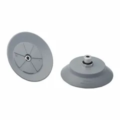 This vacuum pad assembly is designed for handling delicate components in electronics manufacturing. It features a flat type design with NBR material (55 A durometer) and gray color, providing a secure grip on smooth surfaces without marking. The pad has a diameter of 98.1 mm and a height of 23.2 mm, suitable for pick-and-place and assembly automation.