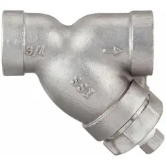 This Y strainer features a 1/2 in NPT connection and a 304 stainless steel perforated screen with 0.0313 in openings. The body, seal, and screen are constructed from 304 stainless steel. It is used to remove solid particles from liquid or gas pipelines, protecting downstream equipment.
