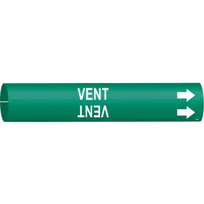 BRADY Pipe Marker: Vent, Green, White, Fits 3/4 to 1 3/8 in Pipe O.D., 1 Pipe Markers - Vent Snap-On Pipe Markers