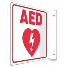 L-Shape Projection AED sign made of PETG with a nominal size of 8 in x 8 in. Features mounting holes for secure installation on walls or ceilings. Not retroreflective, not glow-in-the-dark, and has no anti-slip surface. Suitable for marking AED locations in facilities.