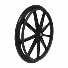 This 24-inch overall width rear wheel is constructed from vinyl and includes a hand rim. It is designed for use as a replacement wheel on Everest and Jennings wheelchairs, providing standard mobility support.